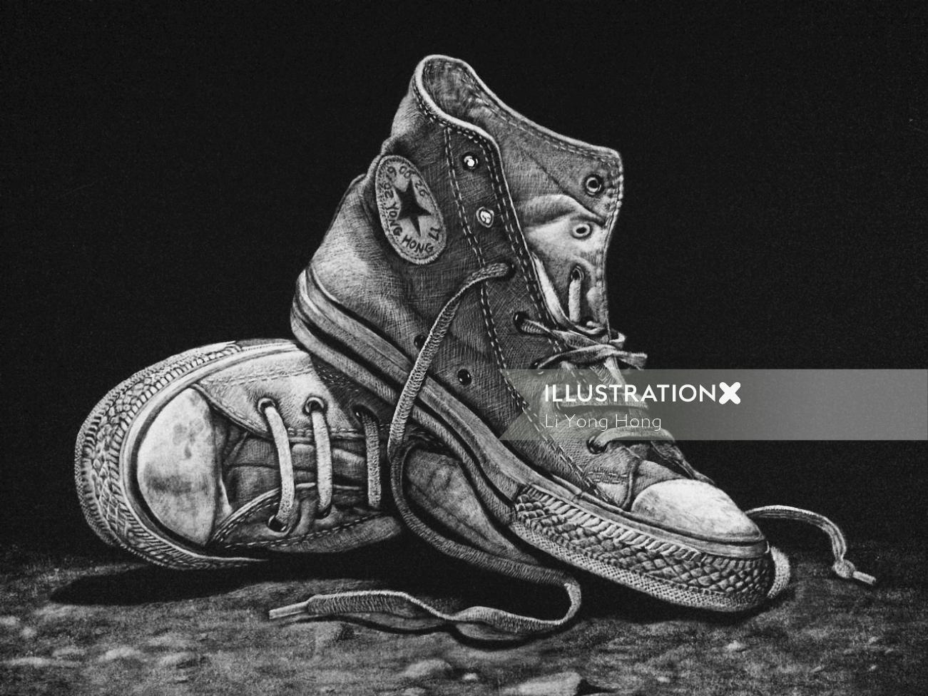 Black and white drawing of sneakers shoes
