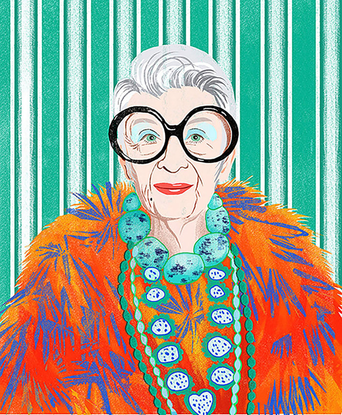 时尚偶像艾里斯·阿普菲尔（Iris Apfel）的肖像