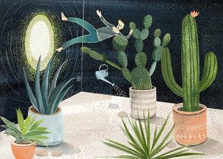 Un garçon est tombé dans un monde magique de cactus en arrosant son jardin.