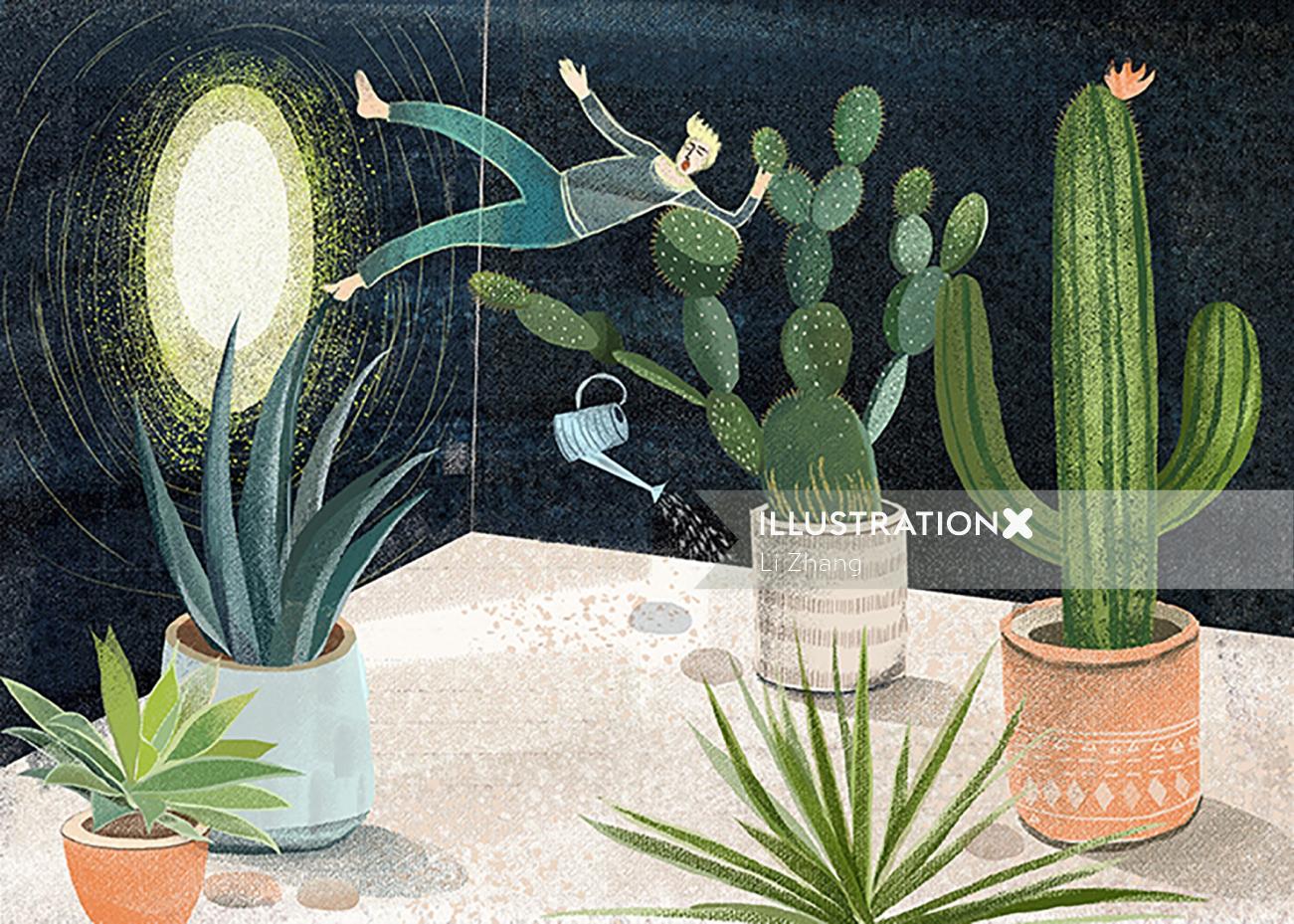 A boy fell into a magic cactus world when watering garden.