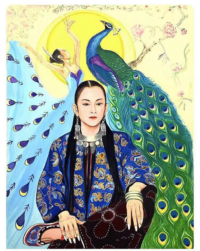 Retrato de bailarina de pavo real en Yang labio