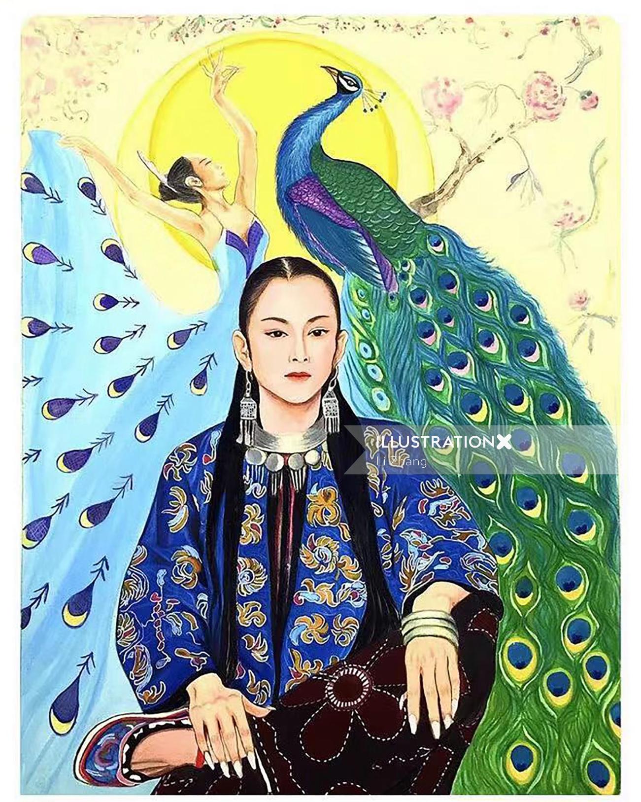 retrato de dançarina de pavão em Yang liping