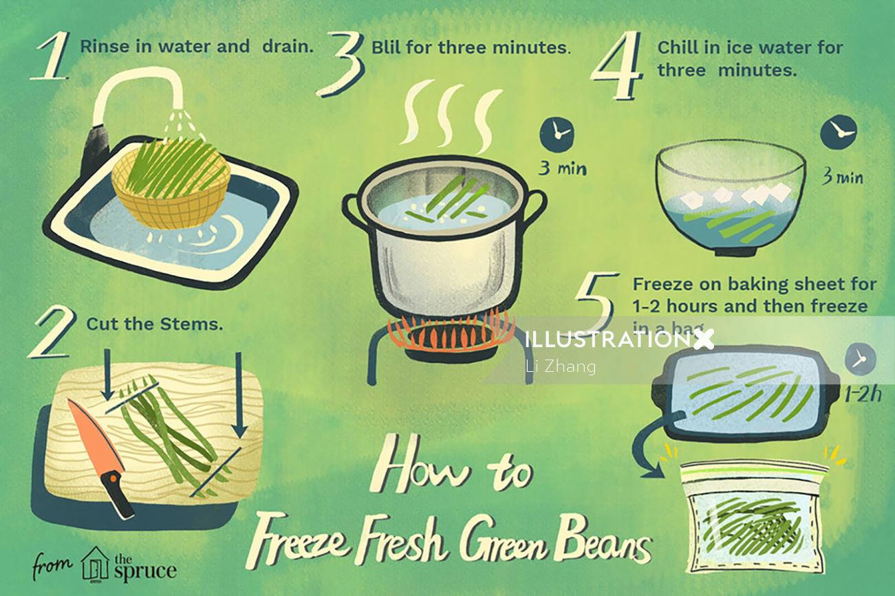 Infográfico ilustração que diz às pessoas como congelar feijão verde fresco.