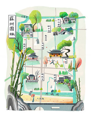 Illustration cartographique des jardins de Suzhou