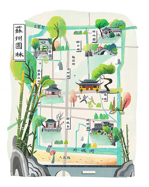 Illustration de la carte des jardins de Suzhou