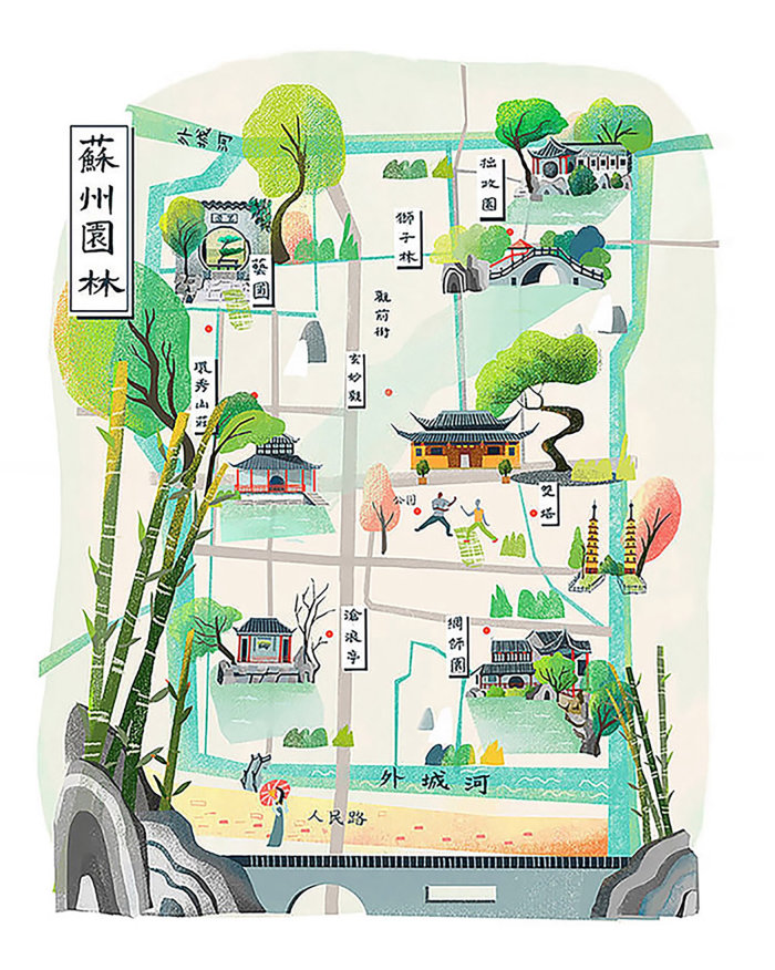 Ilustración del mapa de los jardines de Suzhou