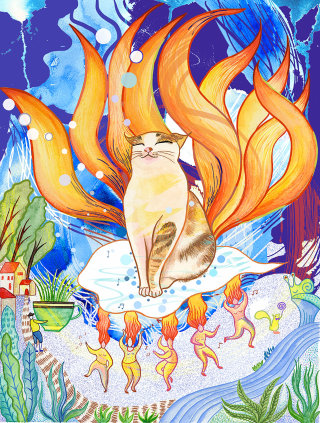 Pintura colorida do gato Lucky Nine Tails