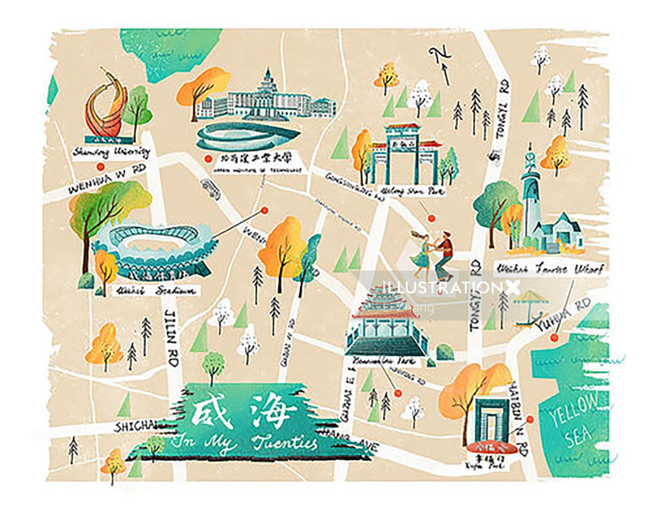 Weihai City map illustration 
