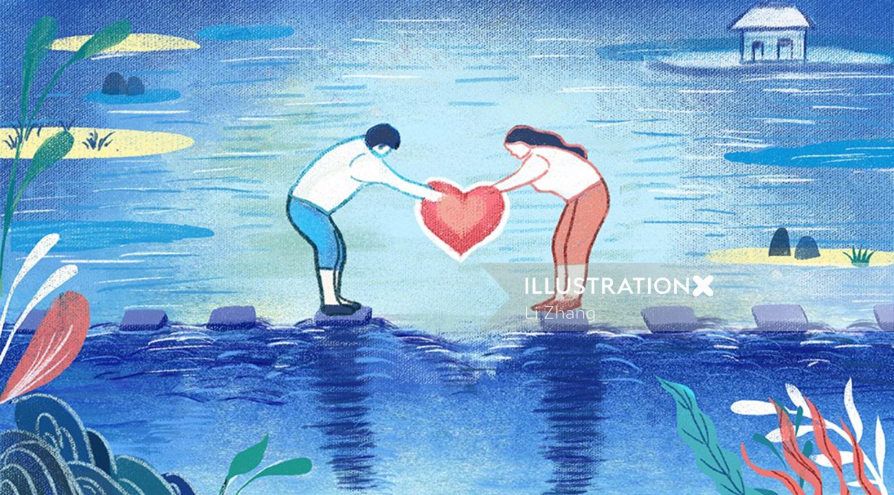 Ilustración editorial de amor pareja sosteniendo corazón rojo