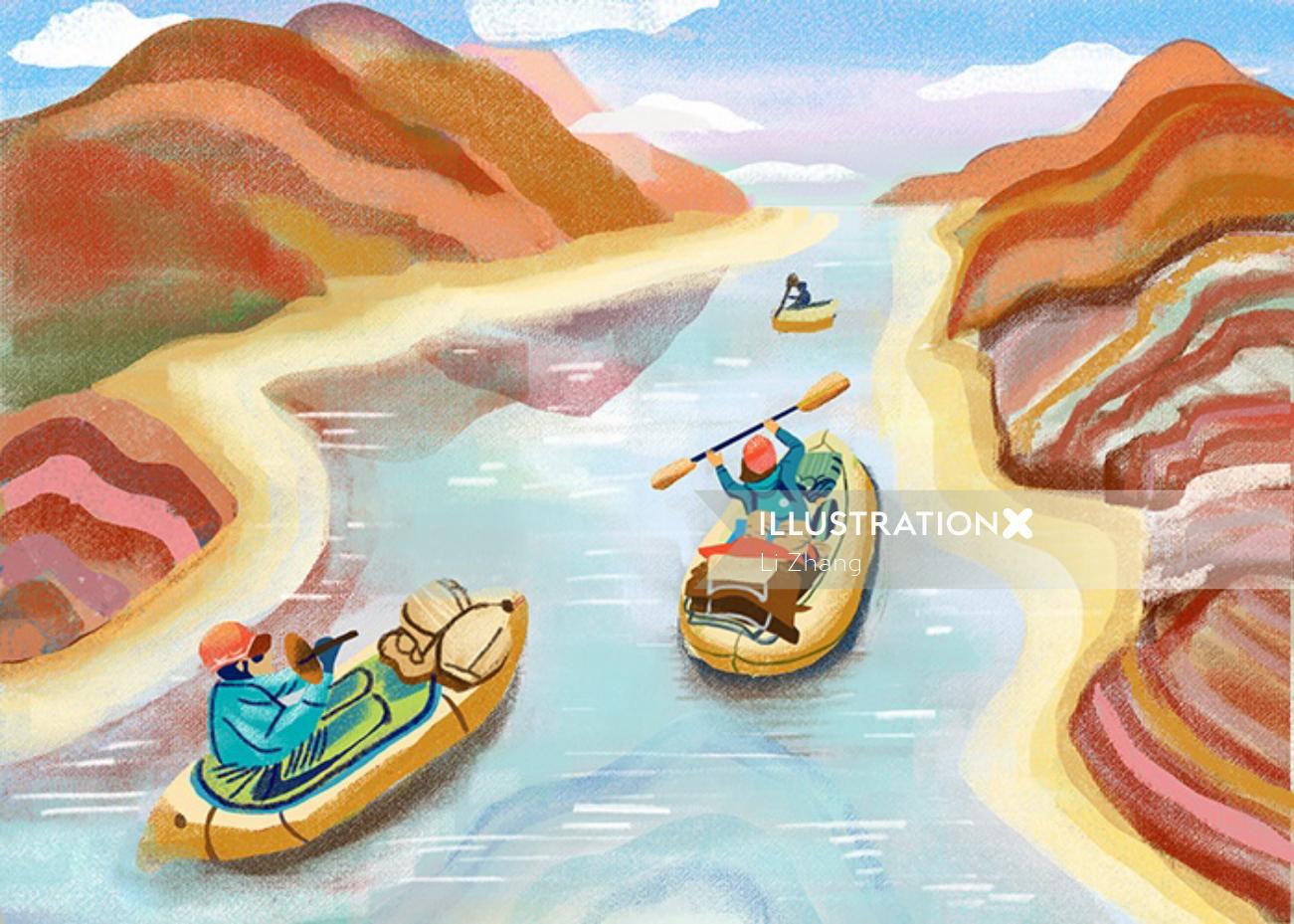 Ilustración de rafting en el río