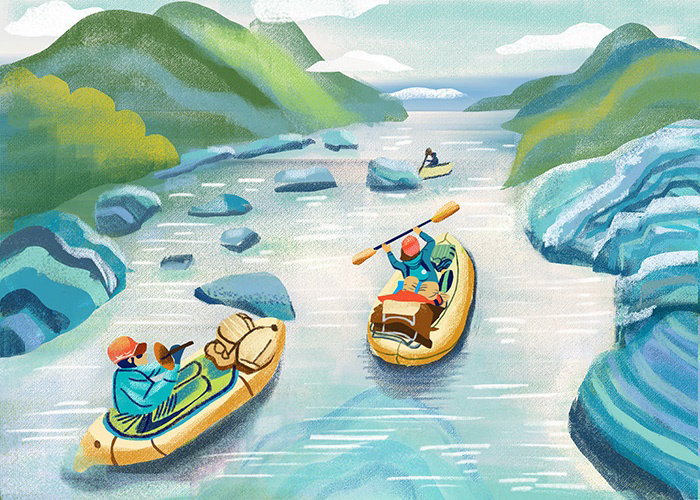Ilustración de rafting en el río por Li Zhang