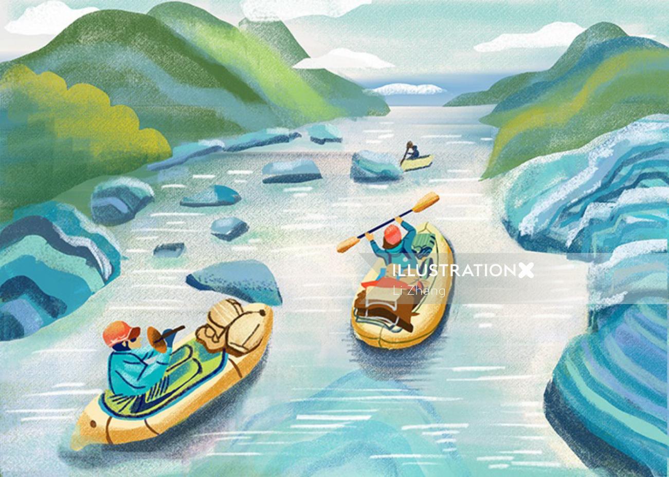Ilustración de rafting en el río por Li Zhang