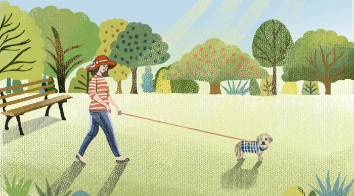 Mulher caminhando com um cachorro arte digital