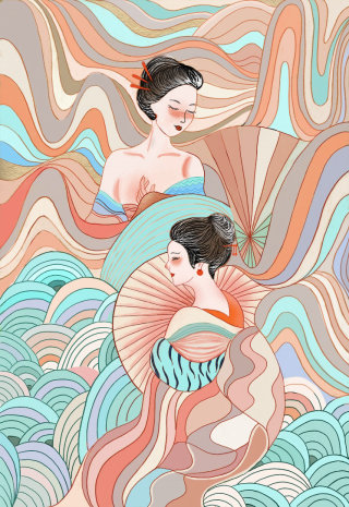 Ilustración editorial de niñas Geisha 