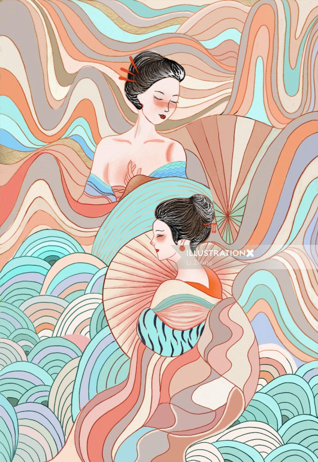 Editorial illustration of Geisha girls 