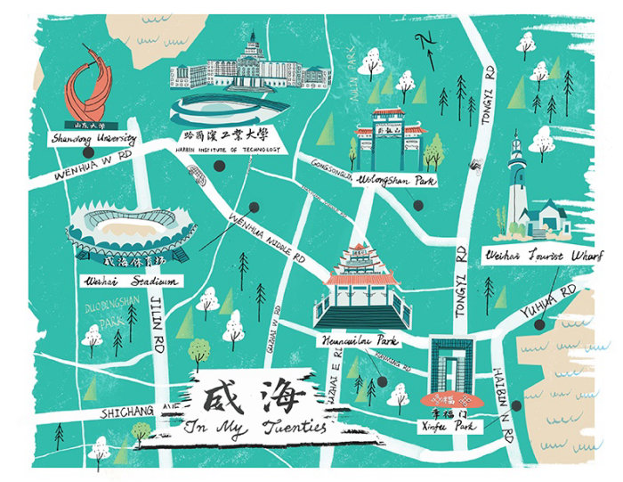 Ilustración del mapa de la ciudad de Weihai