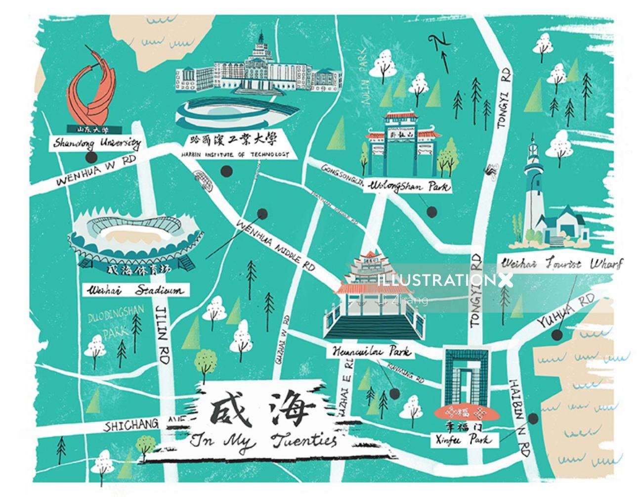 Ilustração do mapa da cidade de Weihai