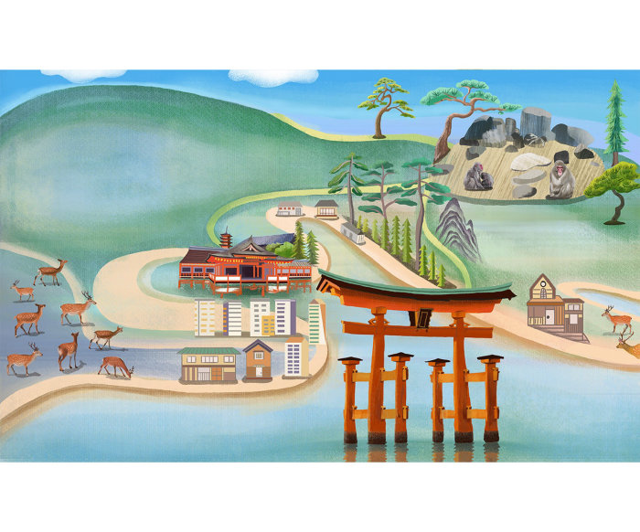 Ilustração de Miyajima, uma ilha no Japão, em um mapa
