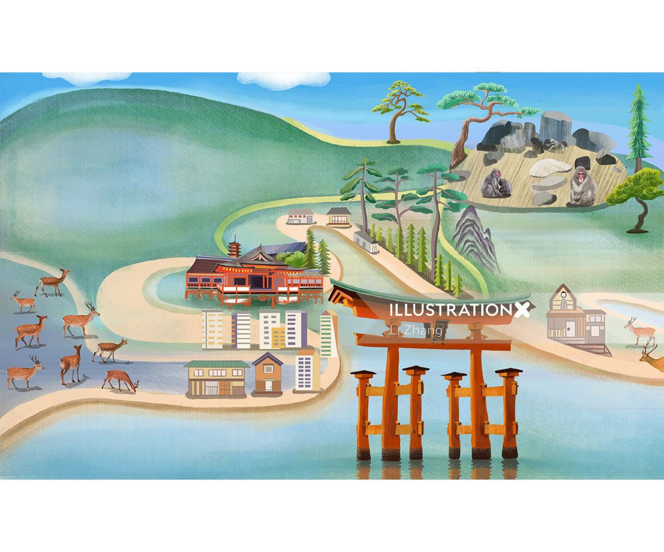 Illustration of Miyajima, an island in Japan, on a map