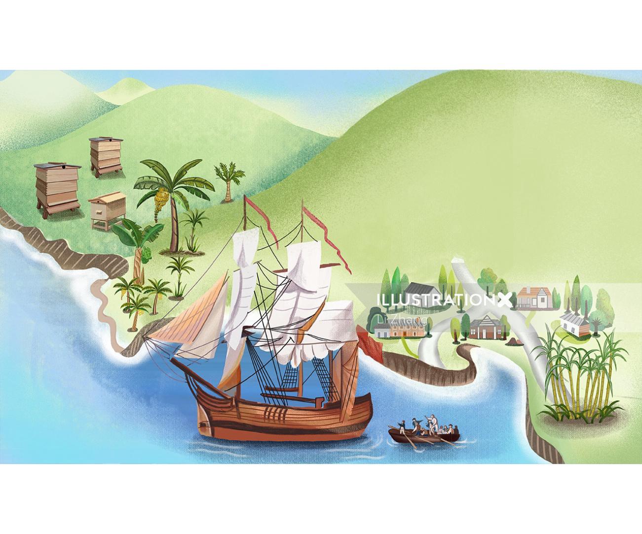 Graphic illustration of Pitcairn Island, Pacific Ocean