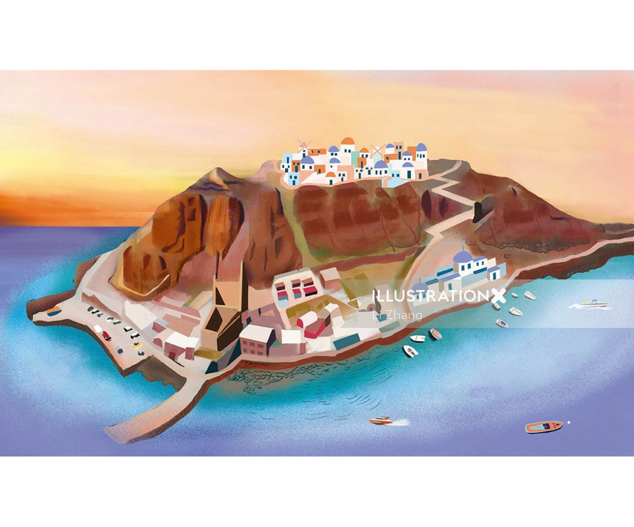 Desenho do mapa da Ilha de Santorini no Mar Egeu