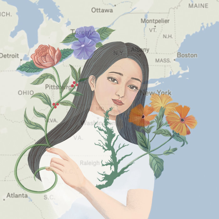 Retrato conceptual de mujer combinado en la plataforma Mapa