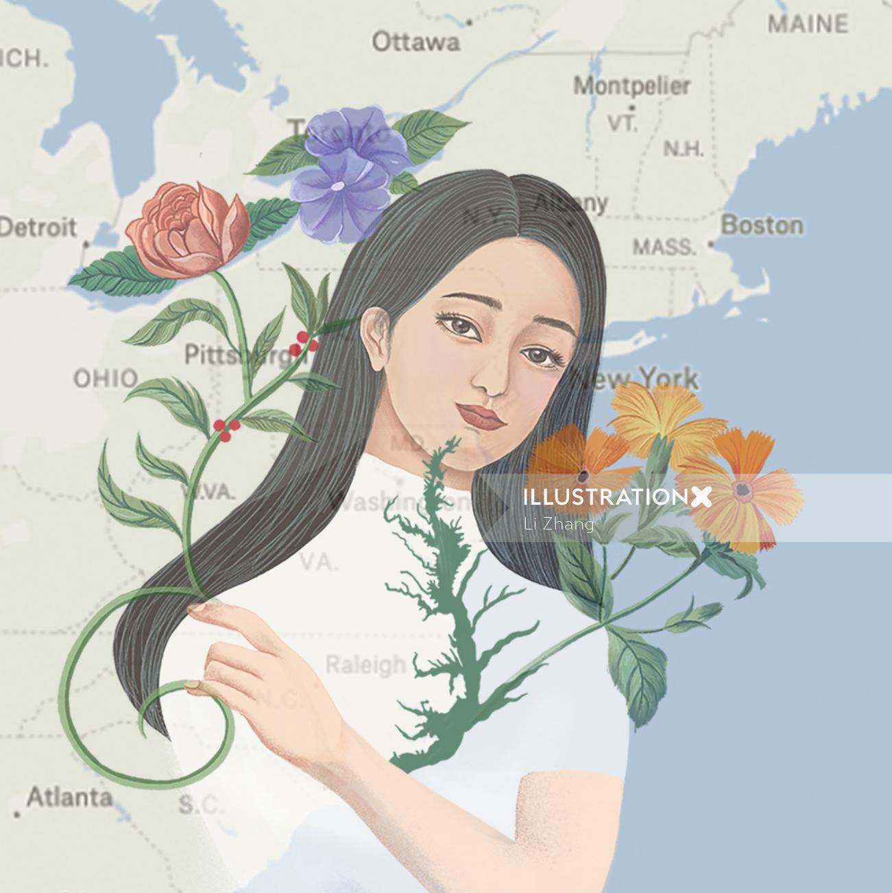 Retrato conceitual de mulher combinado na plataforma Map