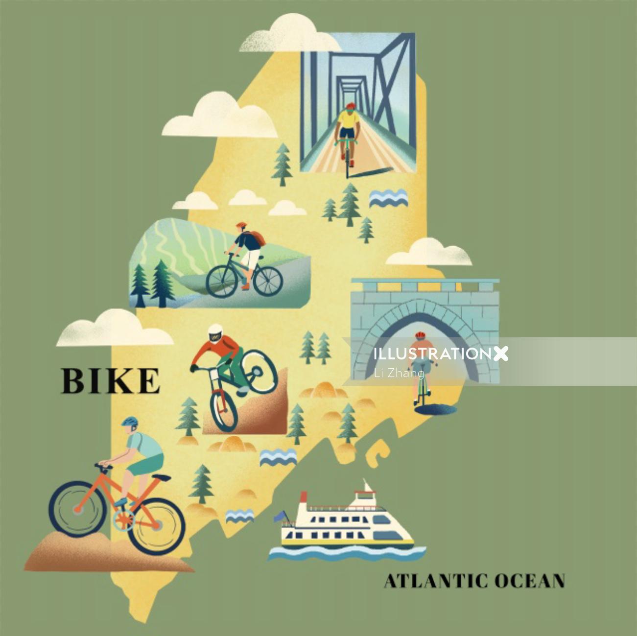 Ilustração do mapa de ciclovias do Maine da Outside Magazine