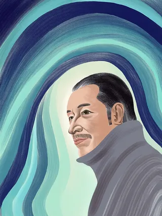 Caricature of the late Japanese fashion designer Issey Miyake