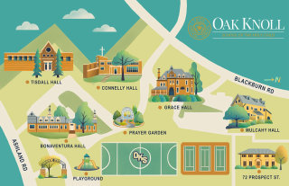 Ilustração do mapa do campus da escola Oak Knoll da Holy Child