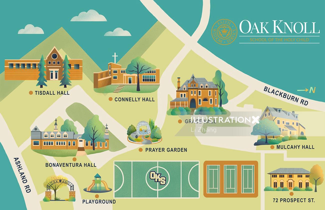 Ilustração do mapa do campus da escola Oak Knoll of Holy Child
