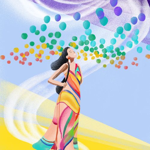 Illustration of a girl in a bright outfit smiles in the breeze with matching bubbles