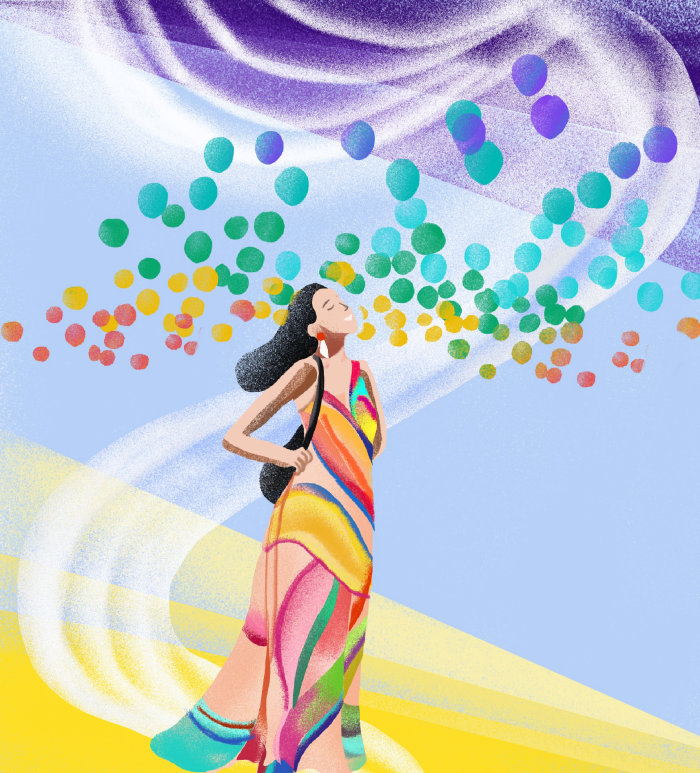 A ilustração de uma garota com uma roupa brilhante sorri na brisa com bolhas combinando