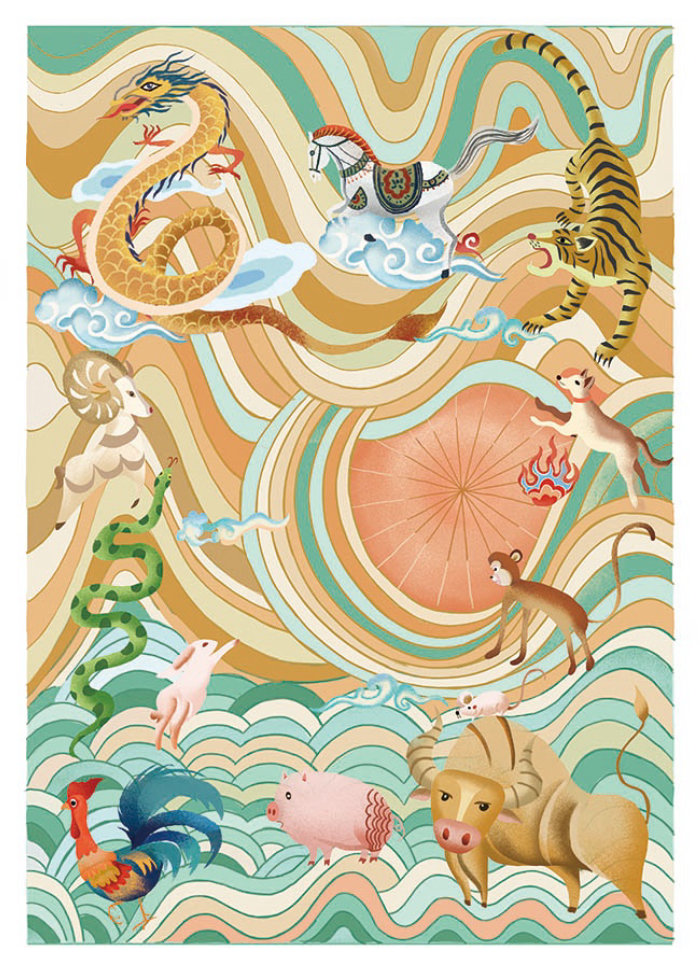 Arte de portada de un libro sobre el zodíaco chino, ilustrado por Li Zhang