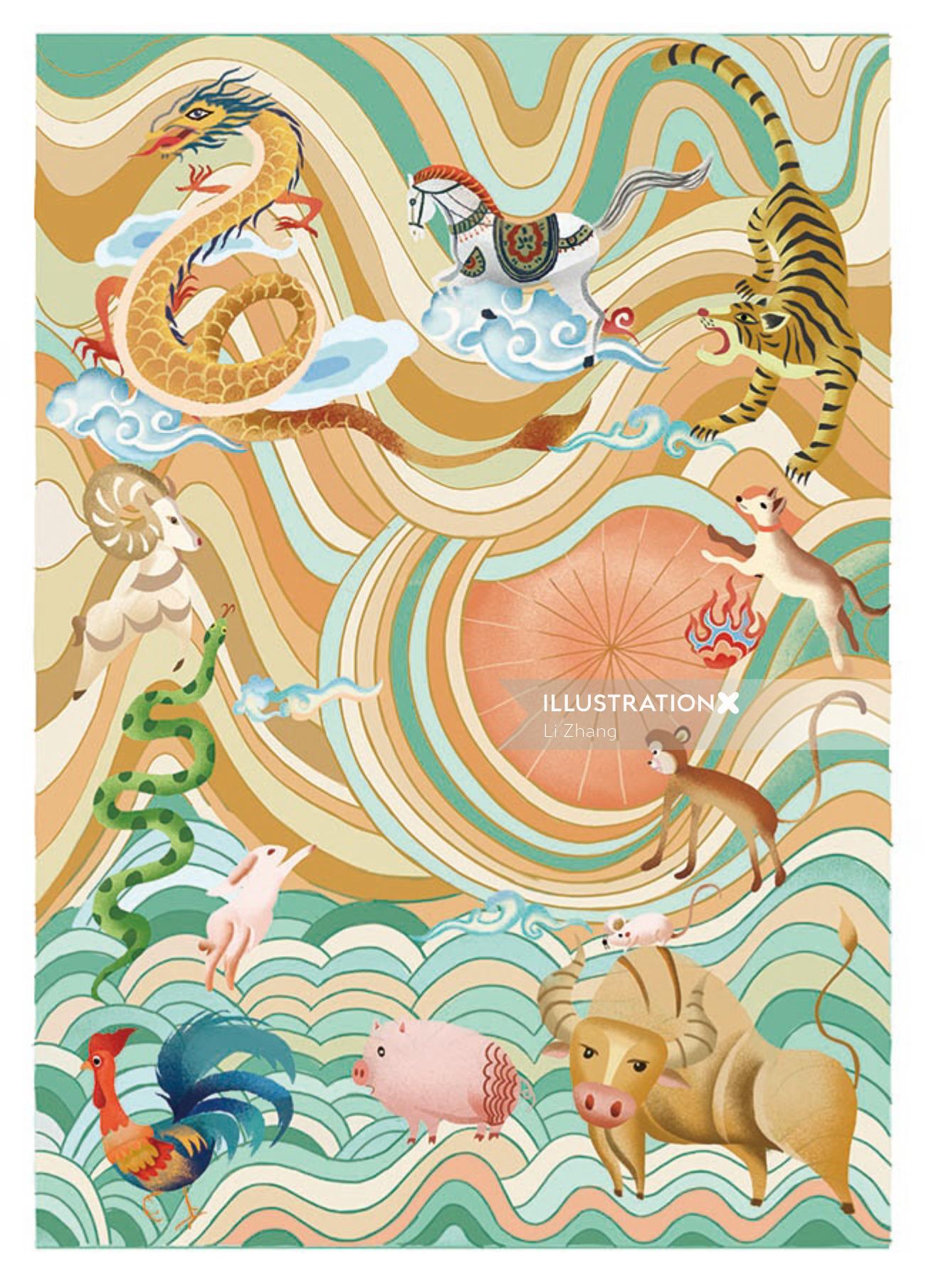 Arte da capa de um livro sobre o Zodíaco Chinês, ilustrado por Li Zhang