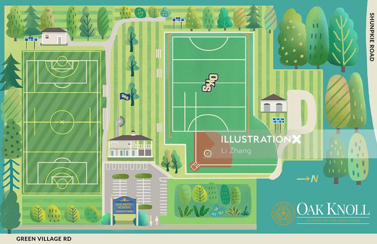 Ilustração do mapa do Complexo Esportivo Oak Knoll School of Holy Child