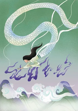 Woman with flowing hair and white serpent in a mystical landscape by Li Zhang