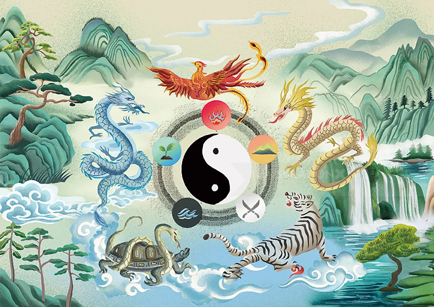 Yin yang symbol with phoenix, dragons, tiger, and tortoise in Chinese style by Li Zhang