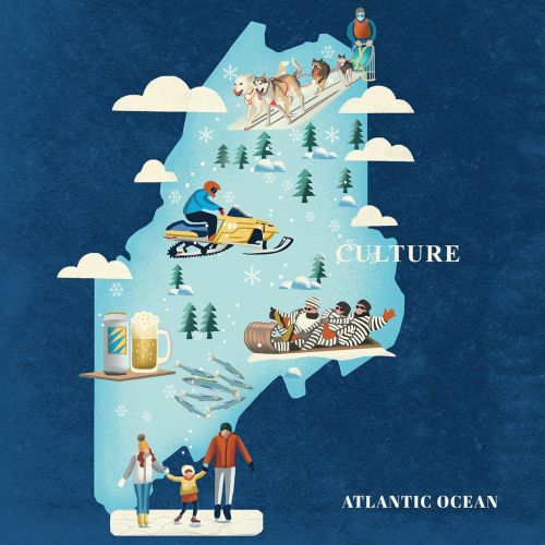 Maine winter activities and culture illustration by Li Zhang