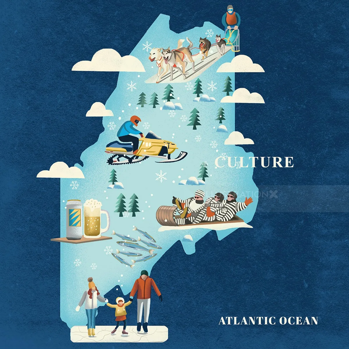 Maine winter activities and culture illustration by Li Zhang