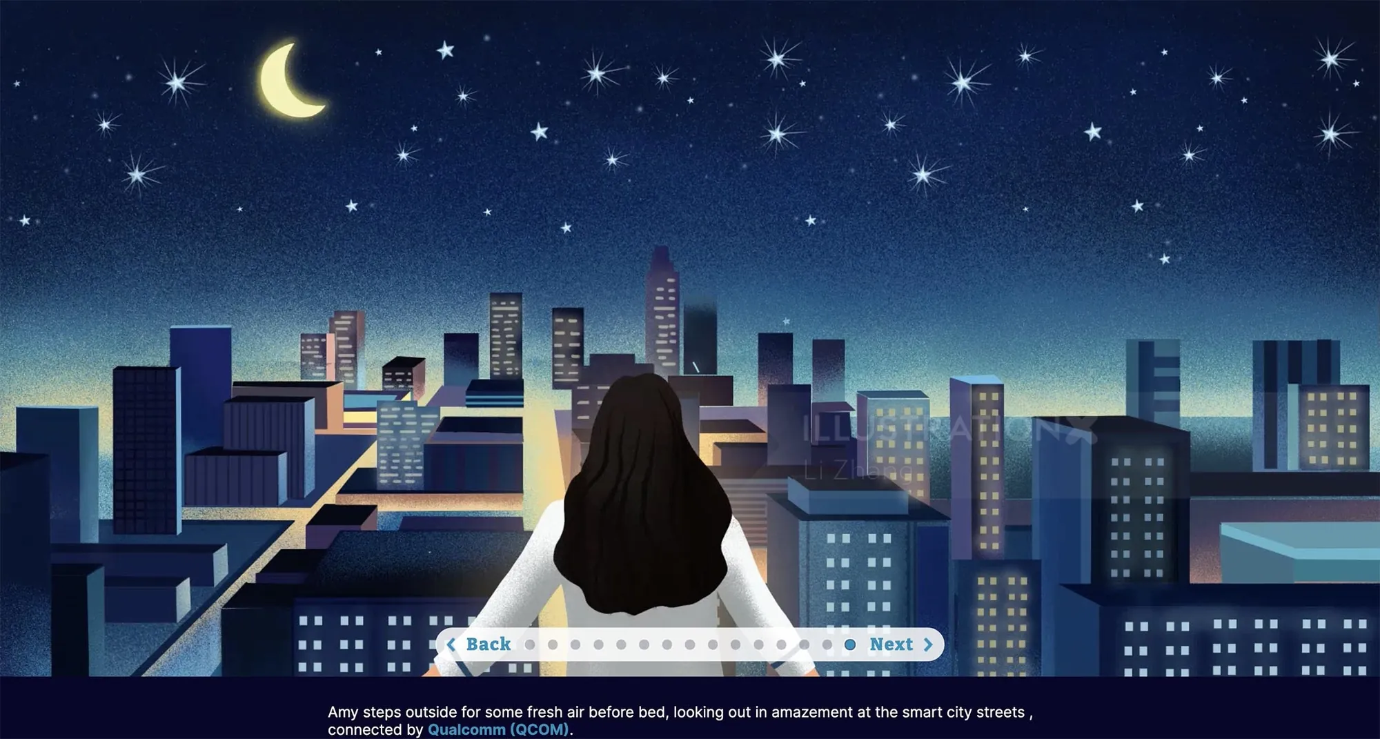 Woman looking at starry night city skyline, artwork by Li Zhang