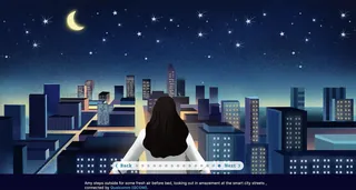 Woman looking at starry night city skyline, artwork by Li Zhang