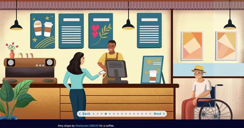 Coffee shop interior with barista, standing woman, and man in wheelchair, by Li Zhang