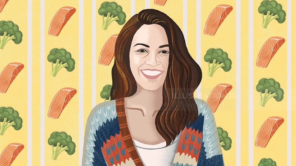 Digital illustration of a smiling woman with patterned broccoli and salmon background by Li Zhang
