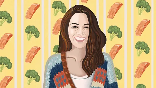 Digital illustration of a smiling woman with patterned broccoli and salmon background by Li Zhang