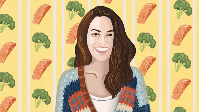Digital illustration of a smiling woman with patterned broccoli and salmon background by Li Zhang