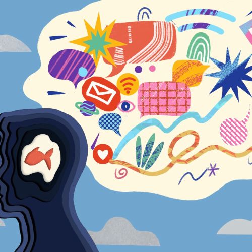 Silhouette of a person with colorful abstract shapes showing ideas and thoughts