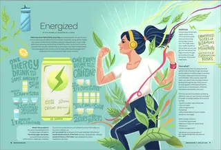 Woman jogging with headphones and holding an energy drink can