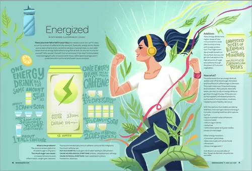 Woman jogging with headphones and holding an energy drink can