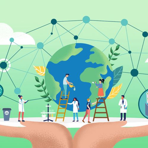 Scientists working together with Earth and environmental symbols
